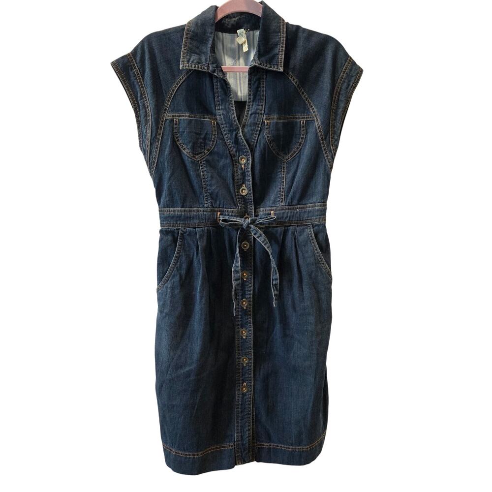 Maeve Anthropologie Short Sleeve Denim Jean Button Front Shirt Dress Belted 8